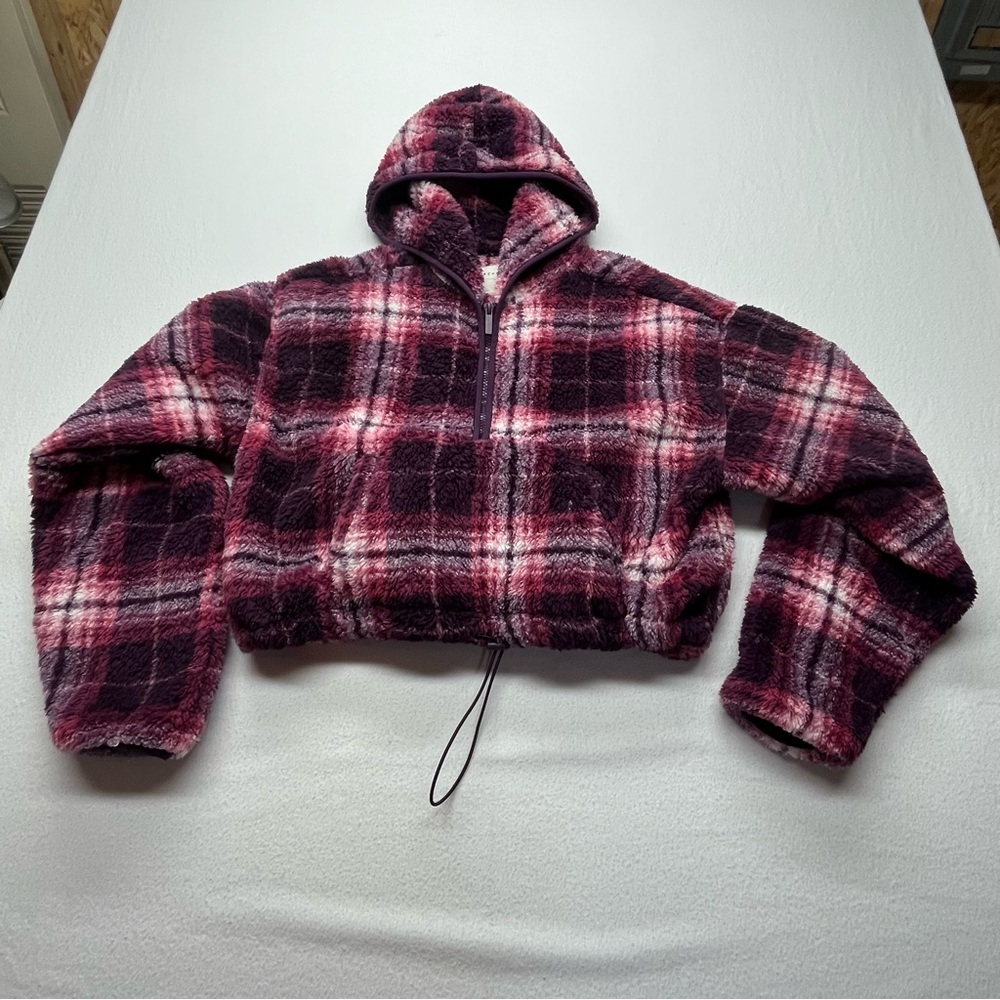 Aeropostale Cropped Sherpa Hoodie Women's Medium Purple Plaid Quarter Zip Front